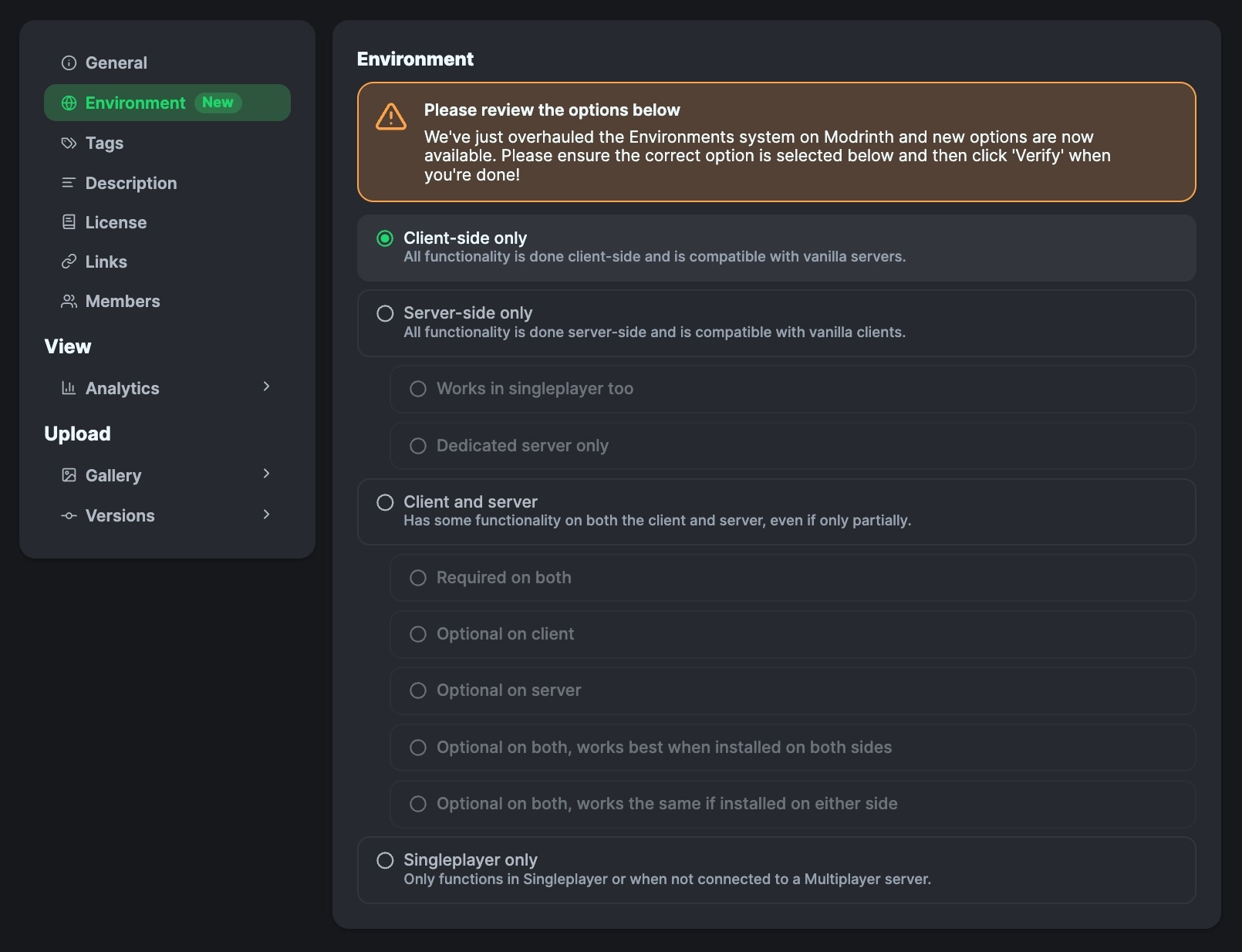 Screenshot of the new Modrinth Environment settings page. A warning message explains that the environment system has been updated. Options are listed with radio buttons, including Client-side only (selected), Server-side only, Client and server, and Singleplayer only, each with descriptions and sub-options.
